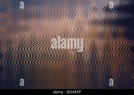 A dark, moody abstract texture characterized by strong horizontal wavy lines, blending deep blue and bronze/brown tones with a pronounced digital dist Stock Photo