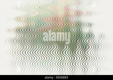 An abstract digital image showcasing wavy lines with hints of green and red, overlaid with a digital distortion or glitch effect on a light background Stock Photo