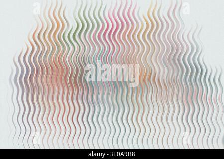 An abstract image displaying a vertical wavy pattern over a very light, almost white, textured background. Soft, diffused pastel colors like pink, gre Stock Photo