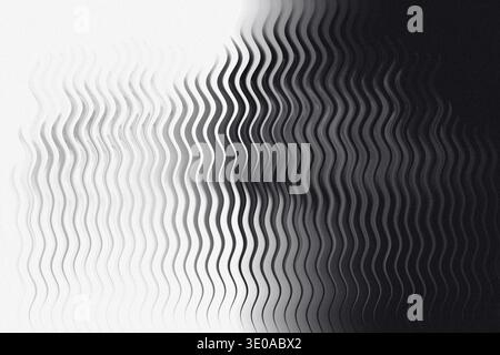 A striking abstract image featuring vertical wavy lines transitioning from pure white on the left to deep black on the right, creating a strong monoch Stock Photo