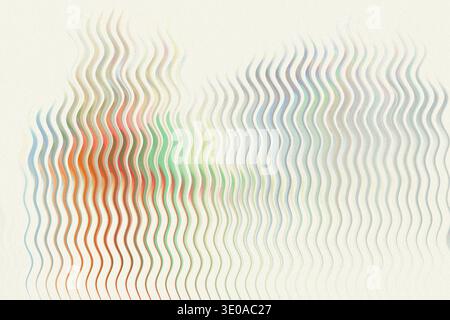 An abstract composition featuring vertical wavy lines with soft, muted pastel colors (oranges, greens, blues) overlaid on a textured, very light cream Stock Photo