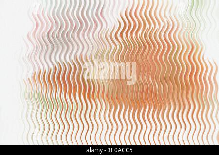 An abstract image featuring vertical, repeating wavy lines with a soft blend of pale orange, white, and hints of other muted colors, creating a textur Stock Photo