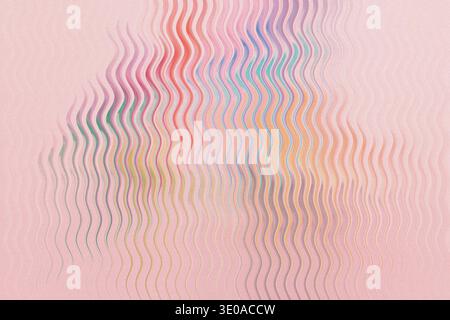 An abstract digital artwork featuring vertical wavy lines with subtle, blended pastel colors (pinks, reds, blues, greens, yellows) set against a textu Stock Photo