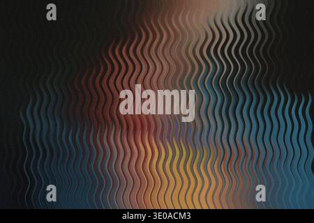 An abstract image featuring a strong vertical wavy distortion effect over a textured surface with a blend of warm (red, orange, yellow) and cool (blue Stock Photo