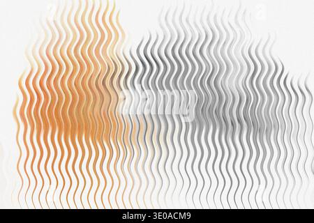 An abstract composition showing vertical wavy lines in contrasting sections of orange/gold and grayscale, set against a predominantly white or very li Stock Photo