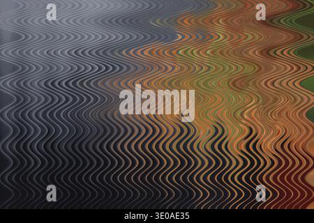 An abstract image featuring a strong wavy distortion effect across the surface, blending dark blue/grey tones on the left with warmer orange and green Stock Photo