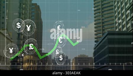 Displaying green ascending line graph climbing over urban skyline, showing circular currency icons Stock Photo