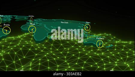 Displaying 3D continent map plates in geo interface, showing neon green mesh, yellow clock icons Stock Photo