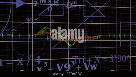 Displaying red and green waveform traces oscillating on dark grid plane, with equations and guides Stock Photo