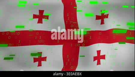 Displaying Georgia flag filling frame, showing red crosses with green 1s 0s and blocks Stock Photo