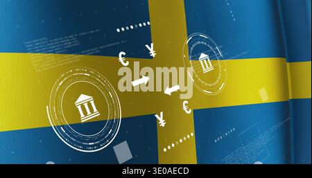 Displaying central fintech motif overlaying Swedish flag fabric, showing bank icons, arrows, â‚¬ Â¥ Â£ Stock Photo