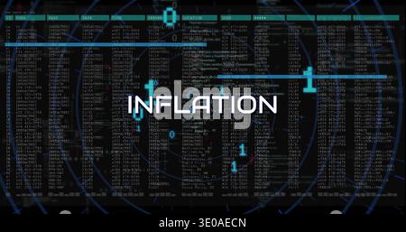 Displaying central INFLATION label glowing on dashboard with columns, REDACTED tags, cyan 0 or 1 Stock Photo