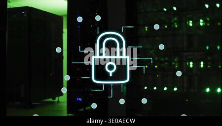 Displaying cyan padlock icon with node markers reflecting on glass in data center, with racks Stock Photo