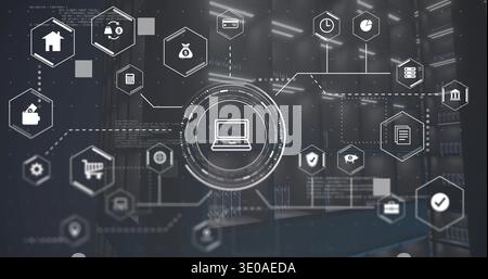 Projecting central circular HUD containing laptop icon in data center, linking hex icons and racks Stock Photo