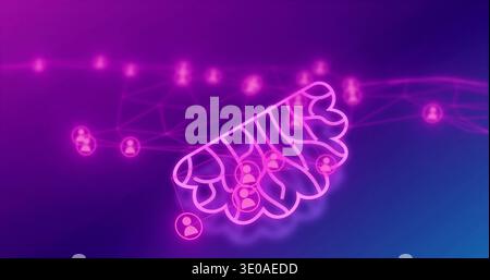 Glowing neon wing hub of avatar nodes linking via neon lines on right virtual gradient, reflecting Stock Photo