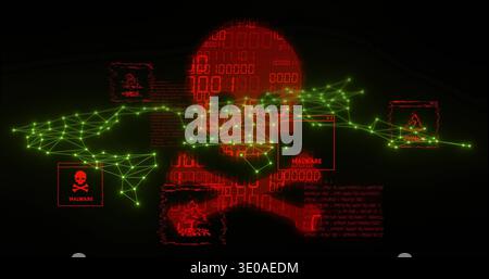 Displaying red skull made of numeric code over cyber map, with green network and malware icons Stock Photo