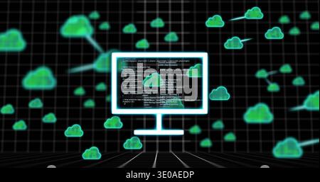 Displaying glowing monitor showing code and cloud icons on reflective grid, with connecting lines Stock Photo