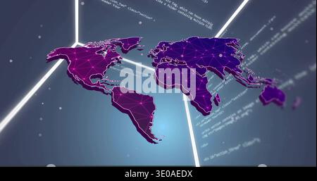 Displaying stylized world map pulsing with network nodes and neon outlines in virtual 3D data hub Stock Photo