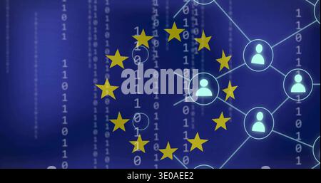 Displaying circular yellow stars centered on blue backdrop, showing binary code and network nodes Stock Photo