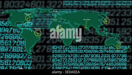Displaying stylized green world map over teal numeric code backdrop, showing analog clock icons Stock Photo