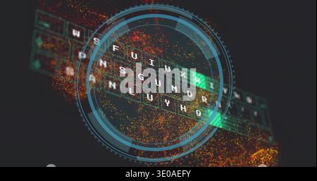 Floating virtual keyboard tilting in dark void, with HUD overlay, green keys, orange sparks Stock Photo