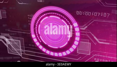 Displaying centered circular HUD rotating over magenta gradient control panel, showing numeric 657 Stock Photo