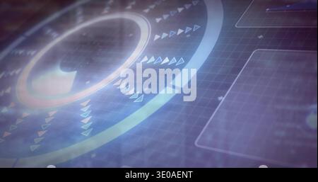 Displaying large circular HUD element rotating on-screen dashboard, with triangular arrow markers Stock Photo