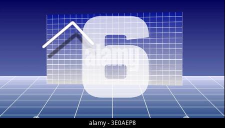 Displaying numeral 6 hovering centered on tiled grid floor in 3D studio, panel-chevron overlap Stock Photo