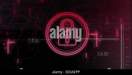 Displaying neon pink padlock icon occupying center in dark HUD, with rings, dates, waves, scale Stock Photo
