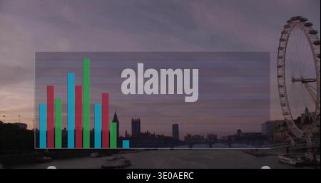 Displaying faint colorful bar chart overlay covering left riverside at dusk with observation wheel Stock Photo