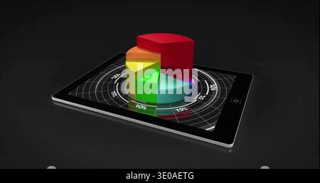 Showing tablet with silver edge projecting holographic colorful pie chart on glossy studio surface Stock Photo