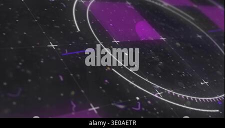 Displaying circular HUD element filling center on dark display, with white arcs and purple panel Stock Photo