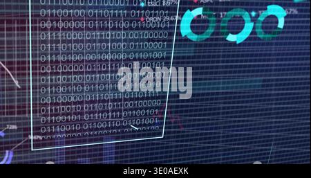 Displaying translucent binary panel showing 0s and 1s over monitor, cyan border, teal logo Stock Photo