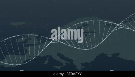 Displaying dotted DNA helix crossing centered Europe map, showing white dots, target markers Stock Photo