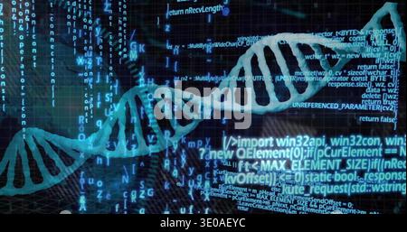 Displaying glowing cyan double helix stretching across virtual lab space, showing code streams Stock Photo