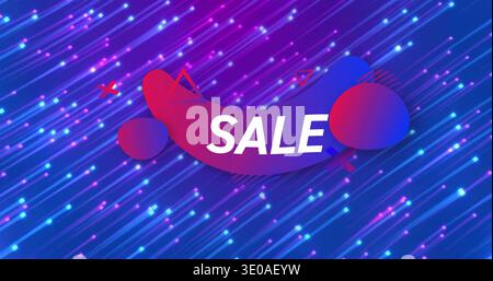 Featuring central ribbon banner showing SALE text on neon background, flanked by gradient circles Stock Photo