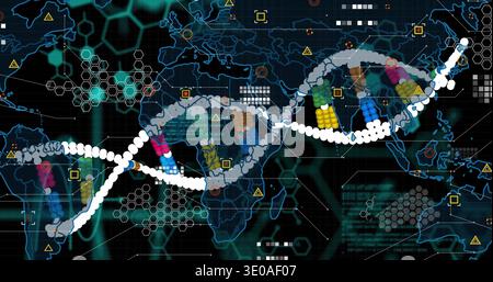 Displaying stylized double-helix DNA winding across dark global map, showing multicolored beads Stock Photo