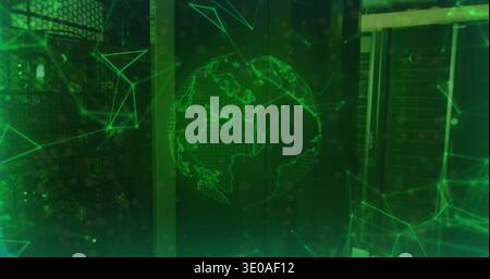 Glowing holographic wireframe globe projecting above server racks, with green network node mesh Stock Photo