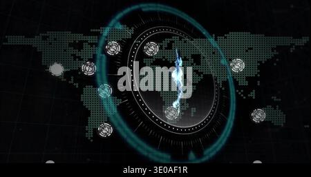 Displaying central circular HUD with glowing energy streak on control-panel, showing dot-hex map Stock Photo