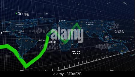 Displaying transparent world map overlay across dark blue 3D grid, with green ascending line graph Stock Photo