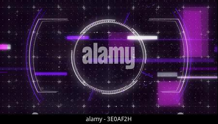 Displaying central white HUD ring with tick marks pulsing on starfield, crosshair grid, purple arcs Stock Photo