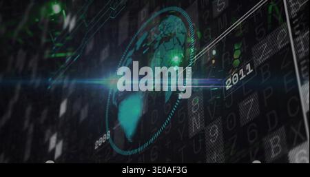 Pulsing cyan-green Earth globe rotating in HUD, showing dotted orbital ring, nodes, 2008 2011 Stock Photo