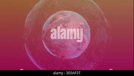 Vertical video: Starting digital globe rotating and pulsing with rings, node mesh on orange-magenta Stock Photo