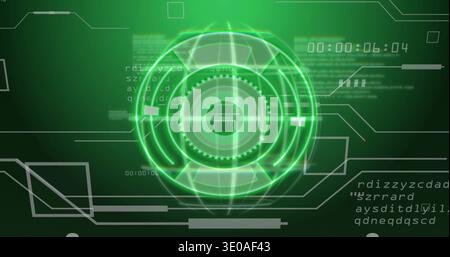 Rotating central luminous concentric holo interface pulsing on virtual HUD, with timer readout Stock Photo