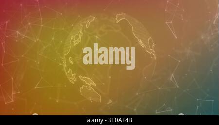 Stylized dotted globe receiving data, pulsing nodes and showing network across red to teal gradient Stock Photo