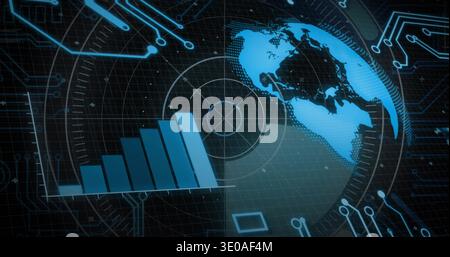 Displaying stylized digital globe rotating in virtual HUD, showing ascending bar chart and radar Stock Photo