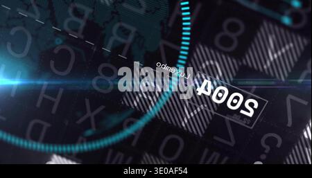 Displaying central HUD cluster pulsing in dark digital mockup, with teal ring, data panel Stock Photo