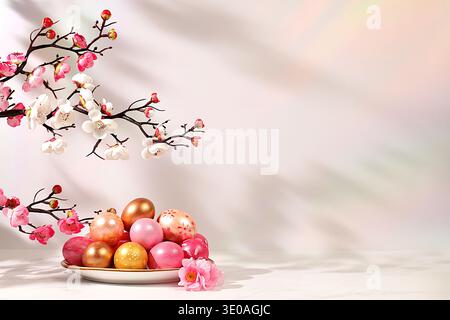 Beautiful Easter banner with decorated quail eggs, sakura and cherry blossom branches, spring butterflies, and feathers. Happy Easter concept. Abstrac Stock Photo