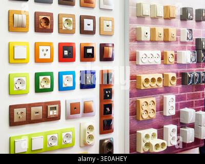 Wall mounted home electrical outlets in store Stock Photo