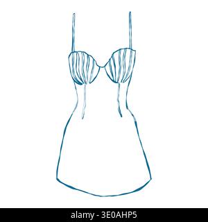 Illustration of a summer womens dress with shells on the bodice. Outline clip art of a short retro dress in doodle style. Vector illustration. Accessories for a coastal wedding. Summer girls clothing. Stock Vector